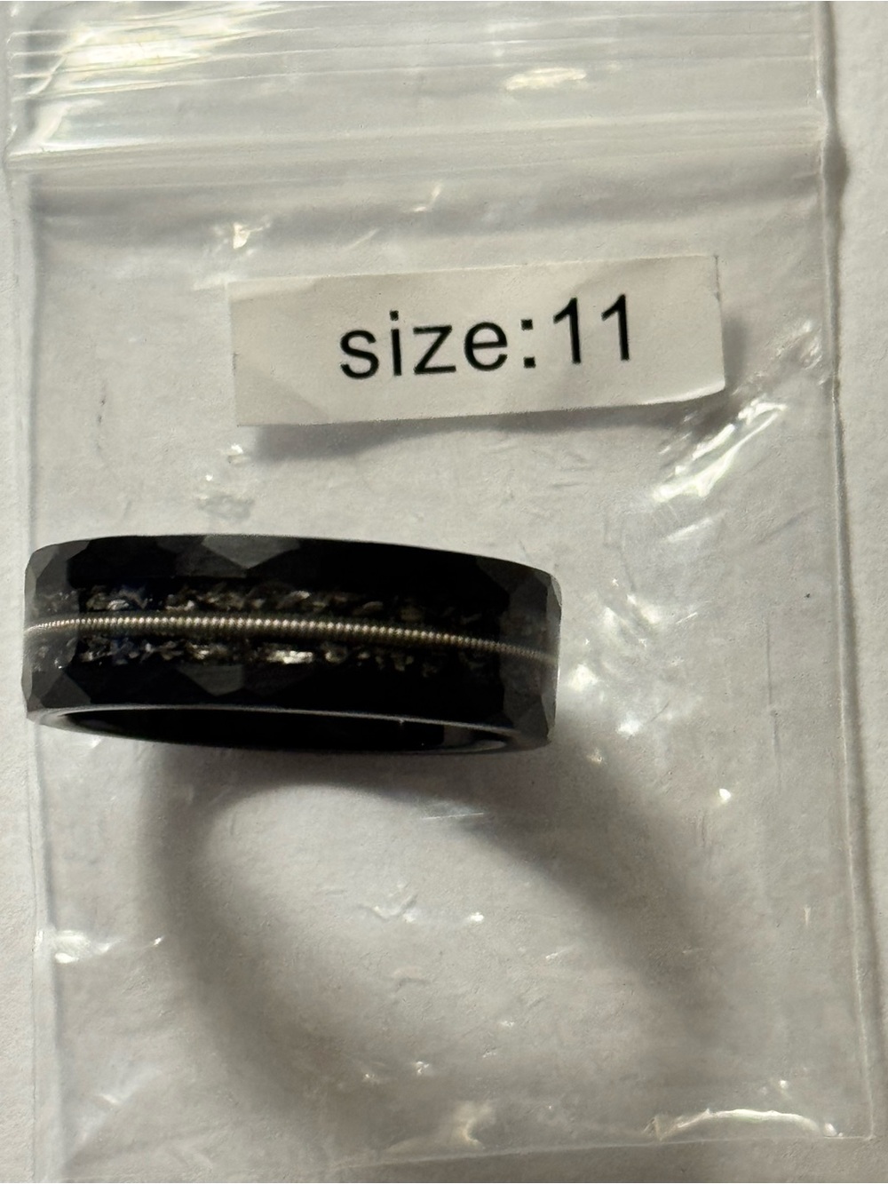 Men's Black Faceted Band Ring with Silver Inlay - Size 11